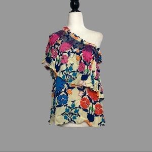 💛 S 💛 NWT Anthro Top One Shoulder Frilly Print Feminine Tropical Floral​